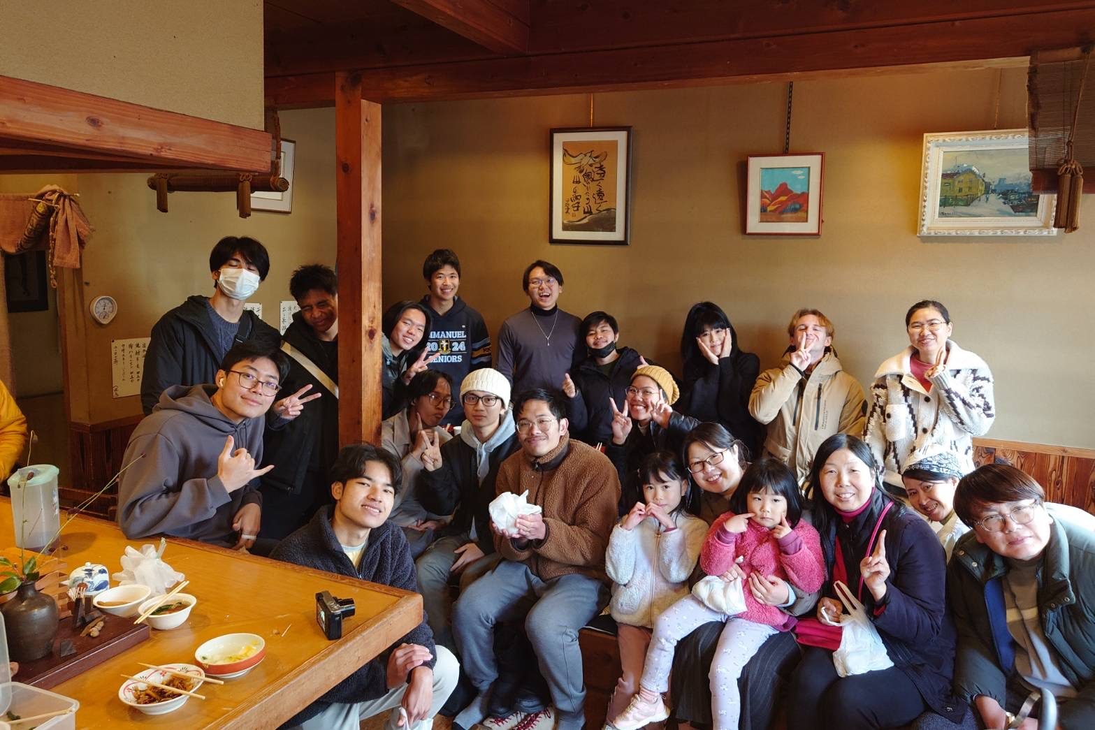 Gathering with the Tsuyama local community at a mochi restaurant